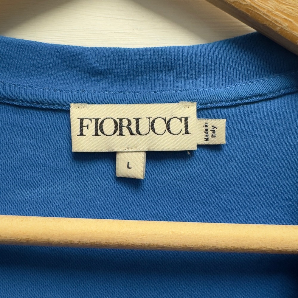 Fiorucci Men's Sz Large Blue Orange AOP Spellout Logo Crewneck T-Shirt Italy euc - Picture 3 of 7